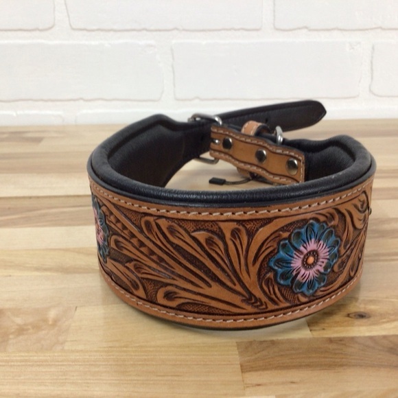 Mad Cow genuine leather western dog collar handmade brown turquoise pink studded - Picture 1 of 16